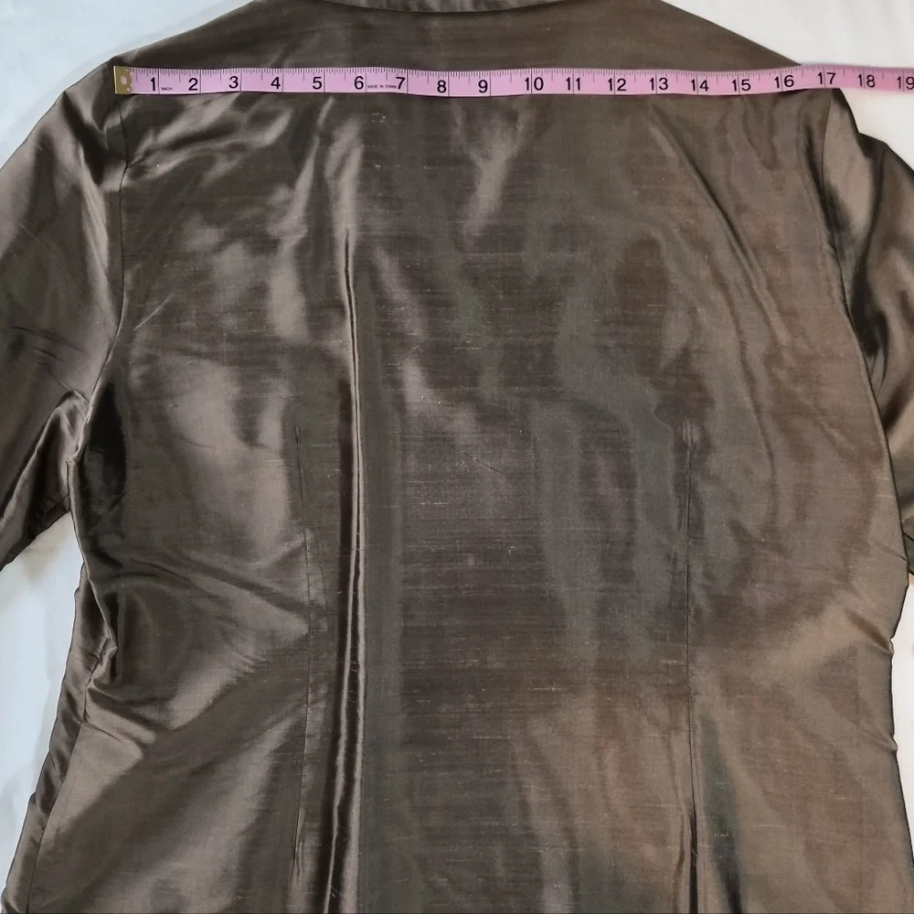 Allion Taylor Gold Silk Satin Band Collar V-Neck Blouse - Long Sleeve - Picture 5 of 7